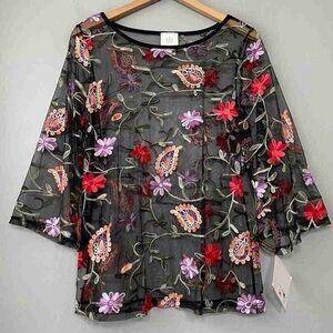 Floral Embroidered Sheer Black Top